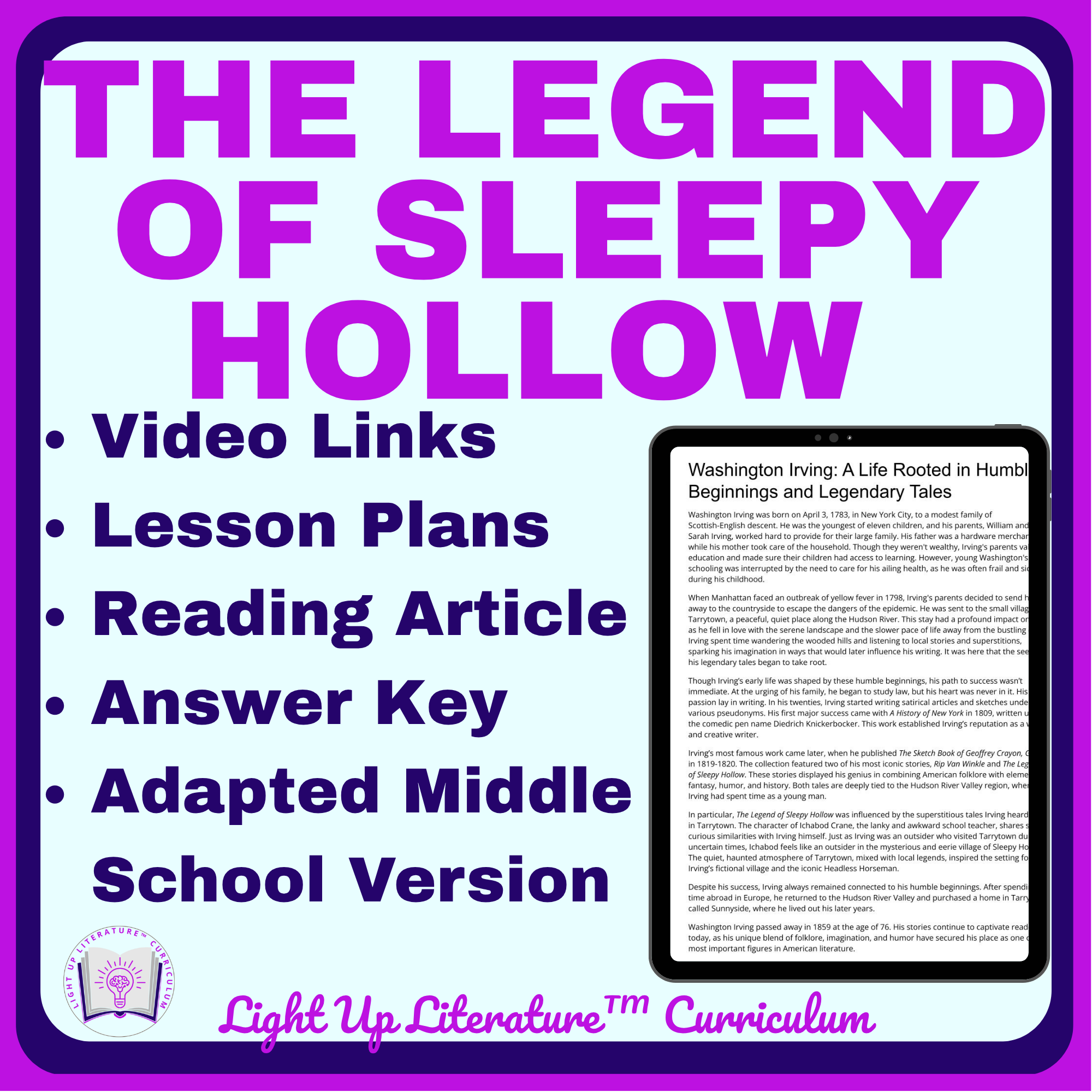Legend of Sleepy Hollow Halloween Mini-Unit | Middle School ELA Grades 6–8 No Prep