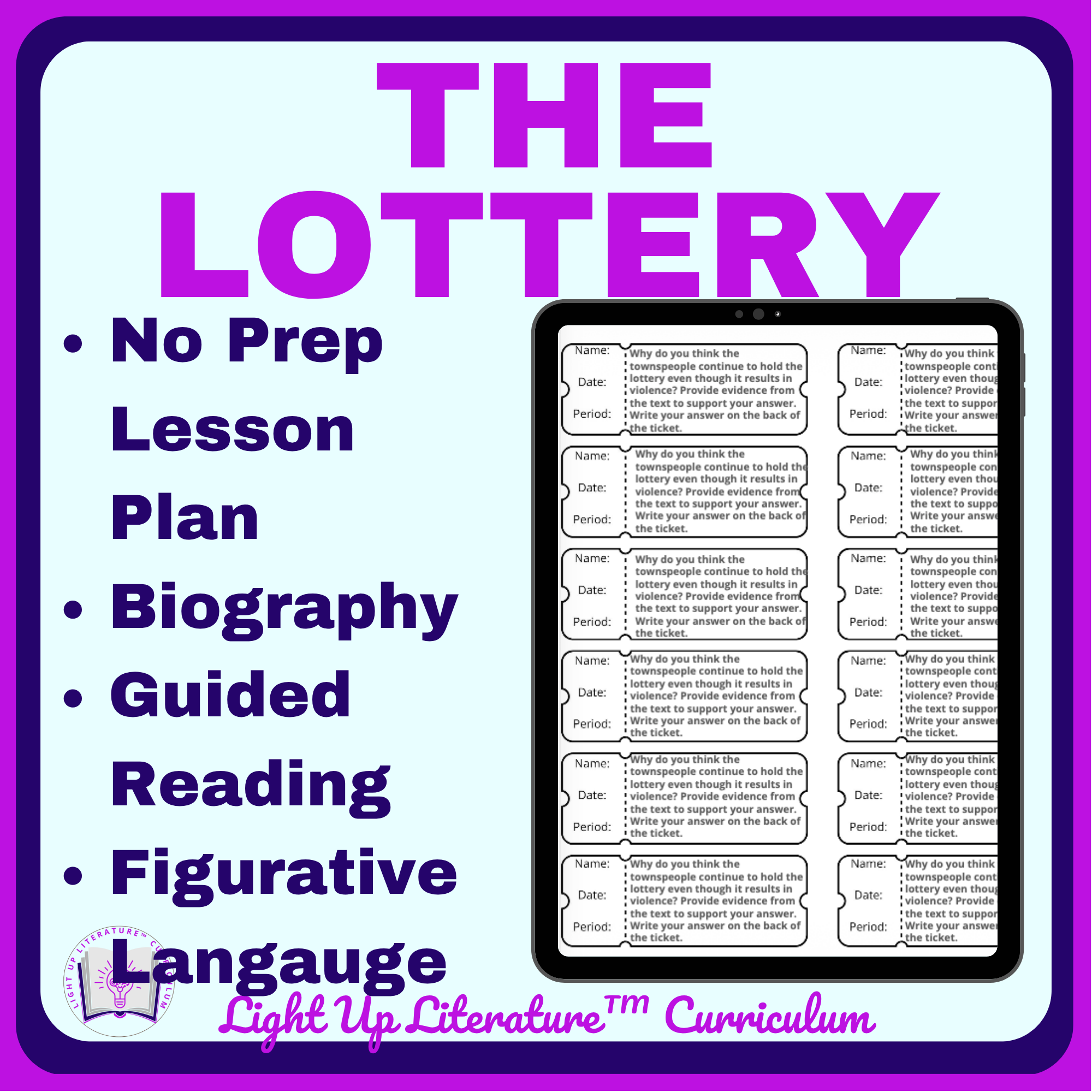 The Lottery ELA Activity Pack | Shirley Jackson Unit 7th Grade | Light Up Literature