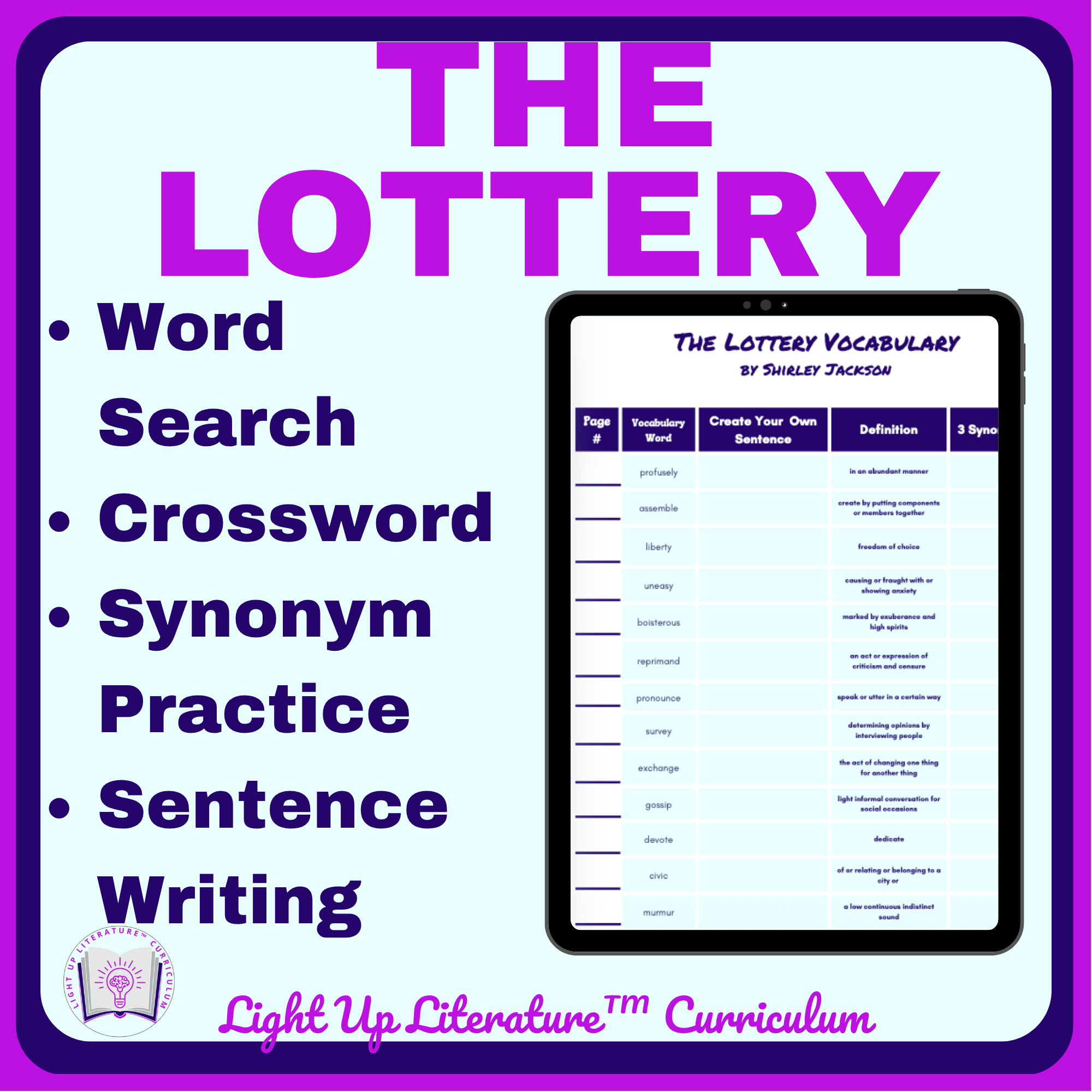 The Lottery Vocabulary Activities | Crossword & Word Search | Light Up Literature