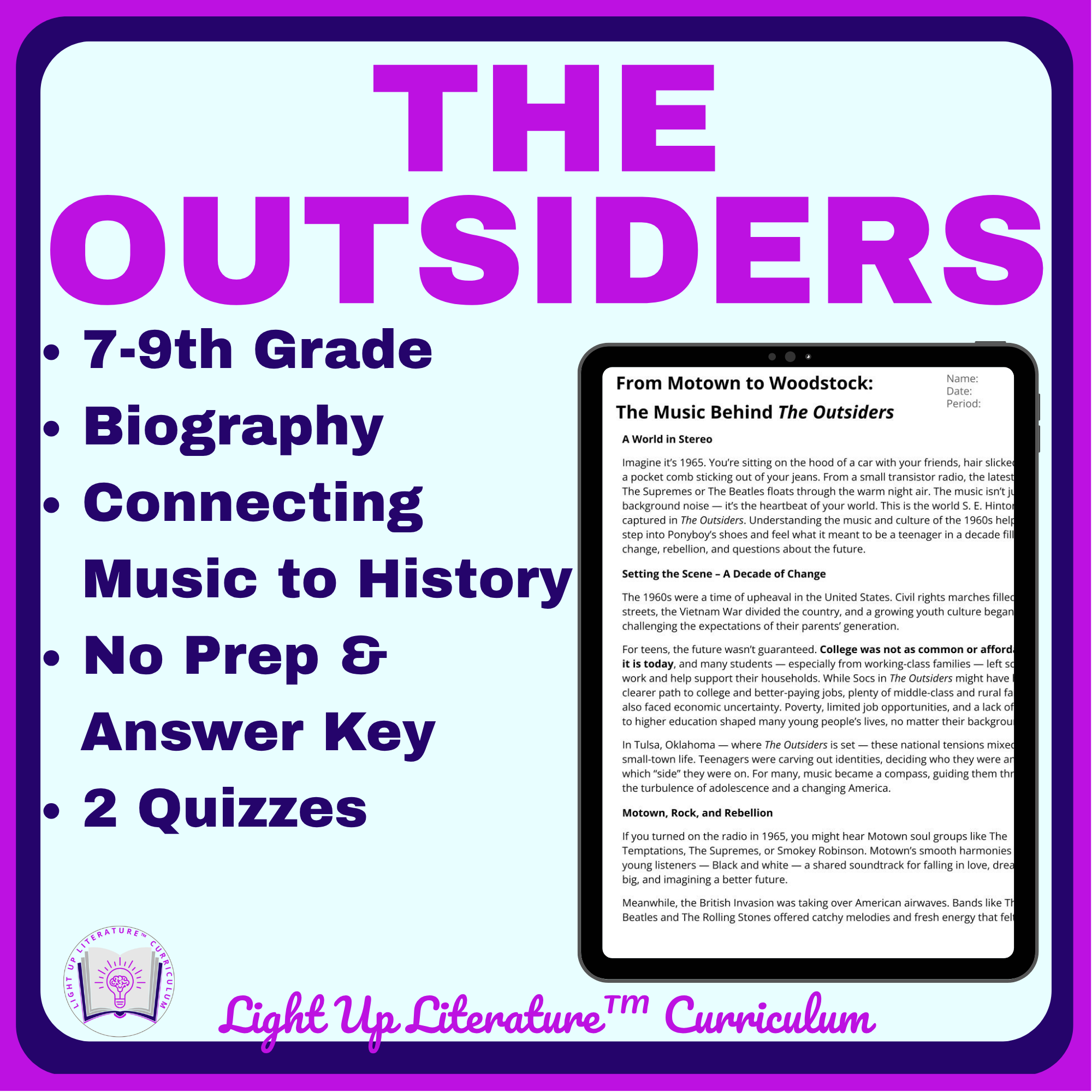 The Outsiders Pre-Reading Activities | S.E. Hinton Biography + 1960s Music & Culture | Grades 7–9