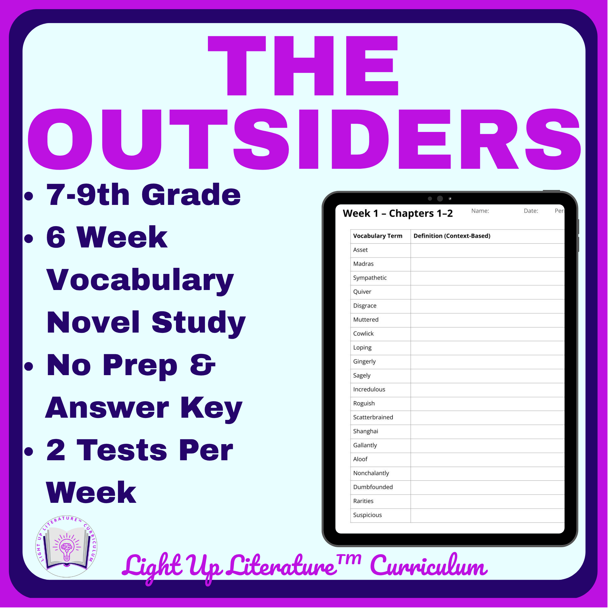 The Outsiders Vocabulary Quizzes & Word Lists | 6-Week No-Prep Novel Unit | Grades 7–9