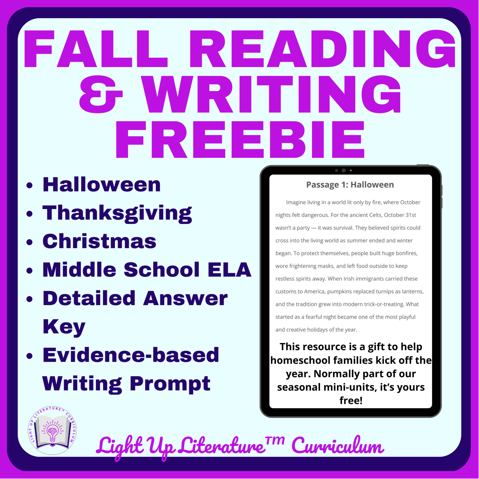 Free Fall Holiday ELA Freebie | Halloween Thanksgiving Christmas Grades 6–8