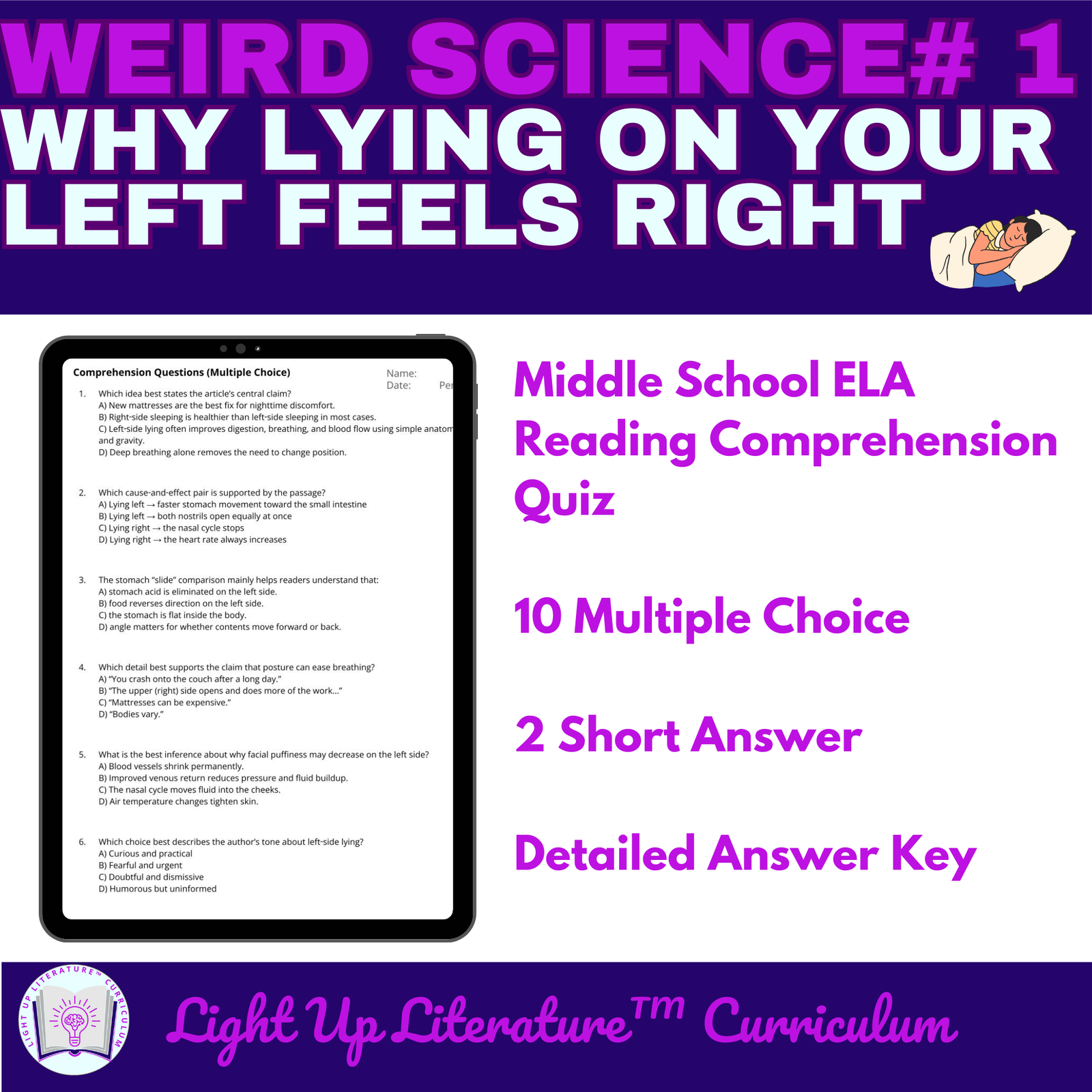 Free Nonfiction ELA — Weird Science: Why Lying on Your Left Feels Right | Grades 6–8